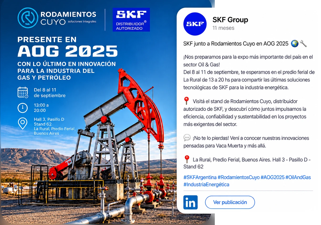 Publicación de LinkedIn de SKF Group invitando a visitar el stand de Rodamientos Cuyo en AOG 2025, del 8 al 11 de septiembre de 13 a 20 hs en La Rural, Hall 3, Pasillo D, Stand 62