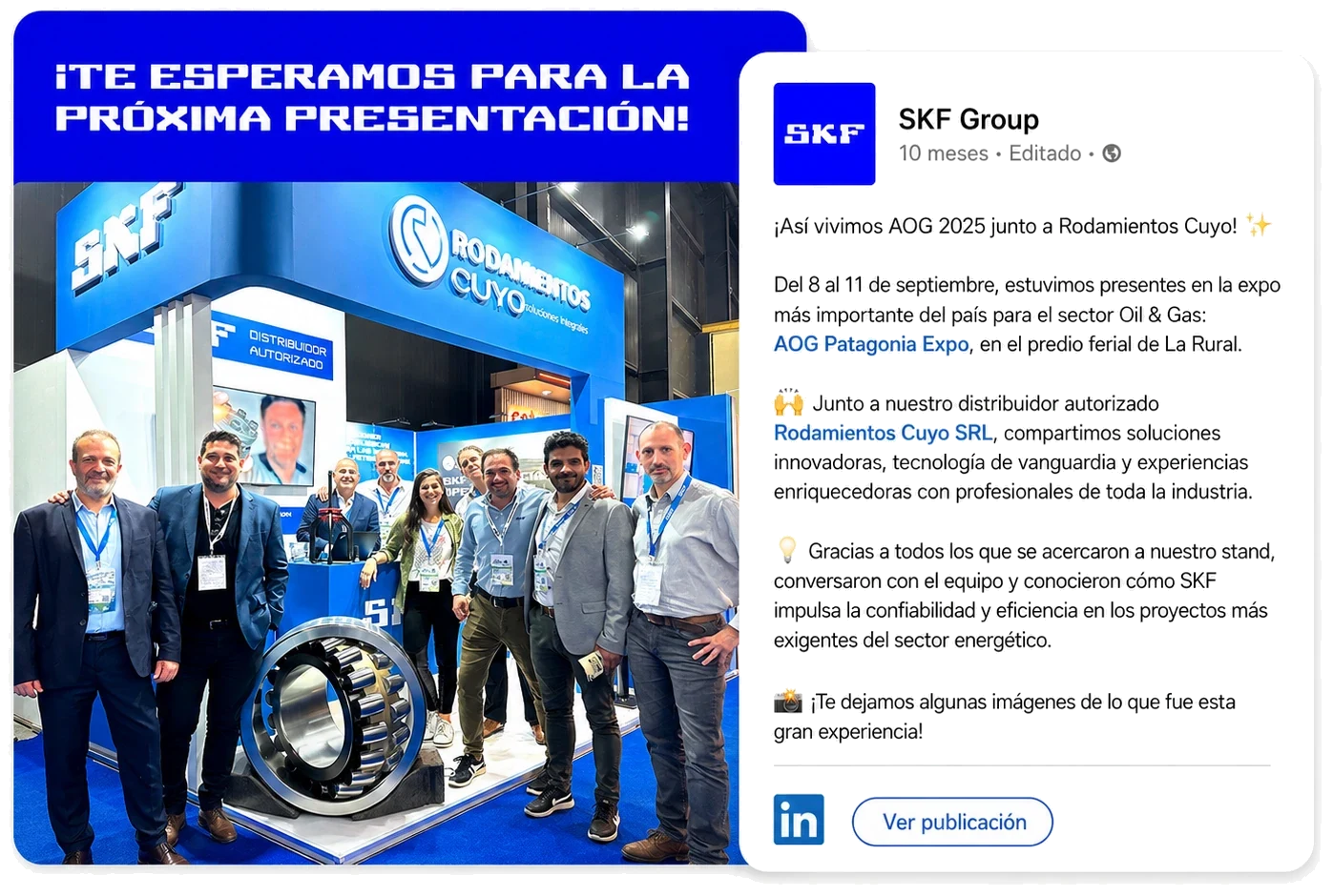 Publicación de LinkedIn de SKF Group: así vivimos AOG 2025 junto a Rodamientos Cuyo en la AOG Patagonia Expo, del 8 al 11 de septiembre en el predio ferial de La Rural