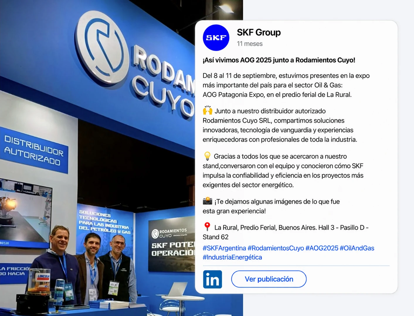 Publicación de LinkedIn de SKF Group: así vivimos AOG 2025 junto a Rodamientos Cuyo en la AOG Patagonia Expo, del 8 al 11 de septiembre en el predio ferial de La Rural