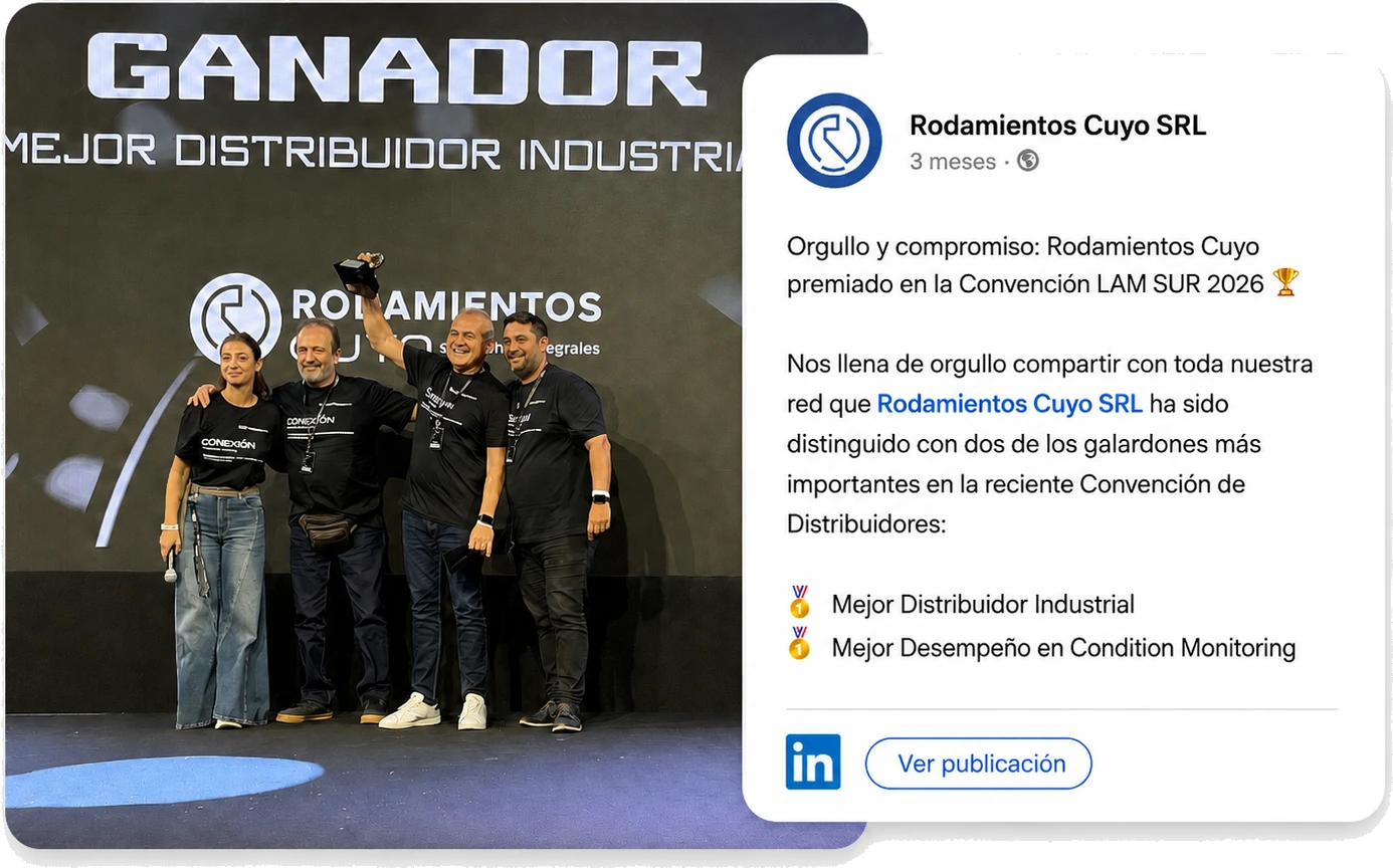 Publicación de LinkedIn de Rodamientos Cuyo SRL: premiados con Mejor Distribuidor Industrial y Mejor Desempeño en Condition Monitoring en la Convención LAM SUR 2026