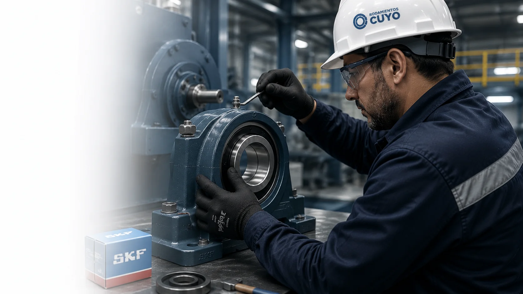 Técnico de Rodamientos Cuyo montando un soporte de pie SKF