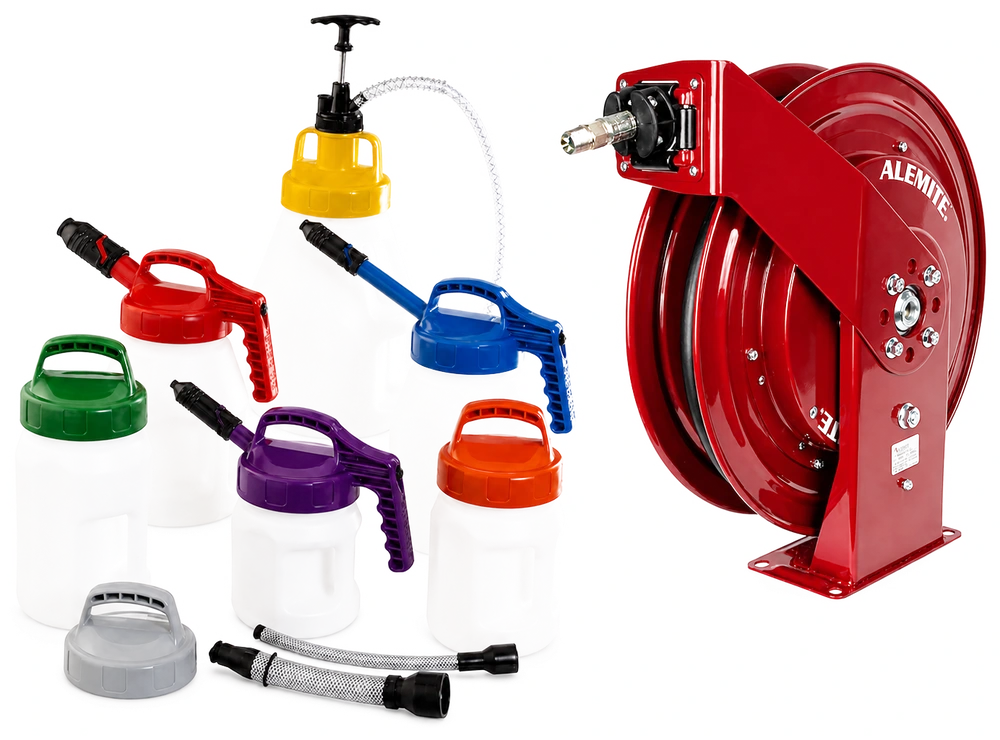 Set de aceiteras Oil Safe y carrete Alemite para lubricación