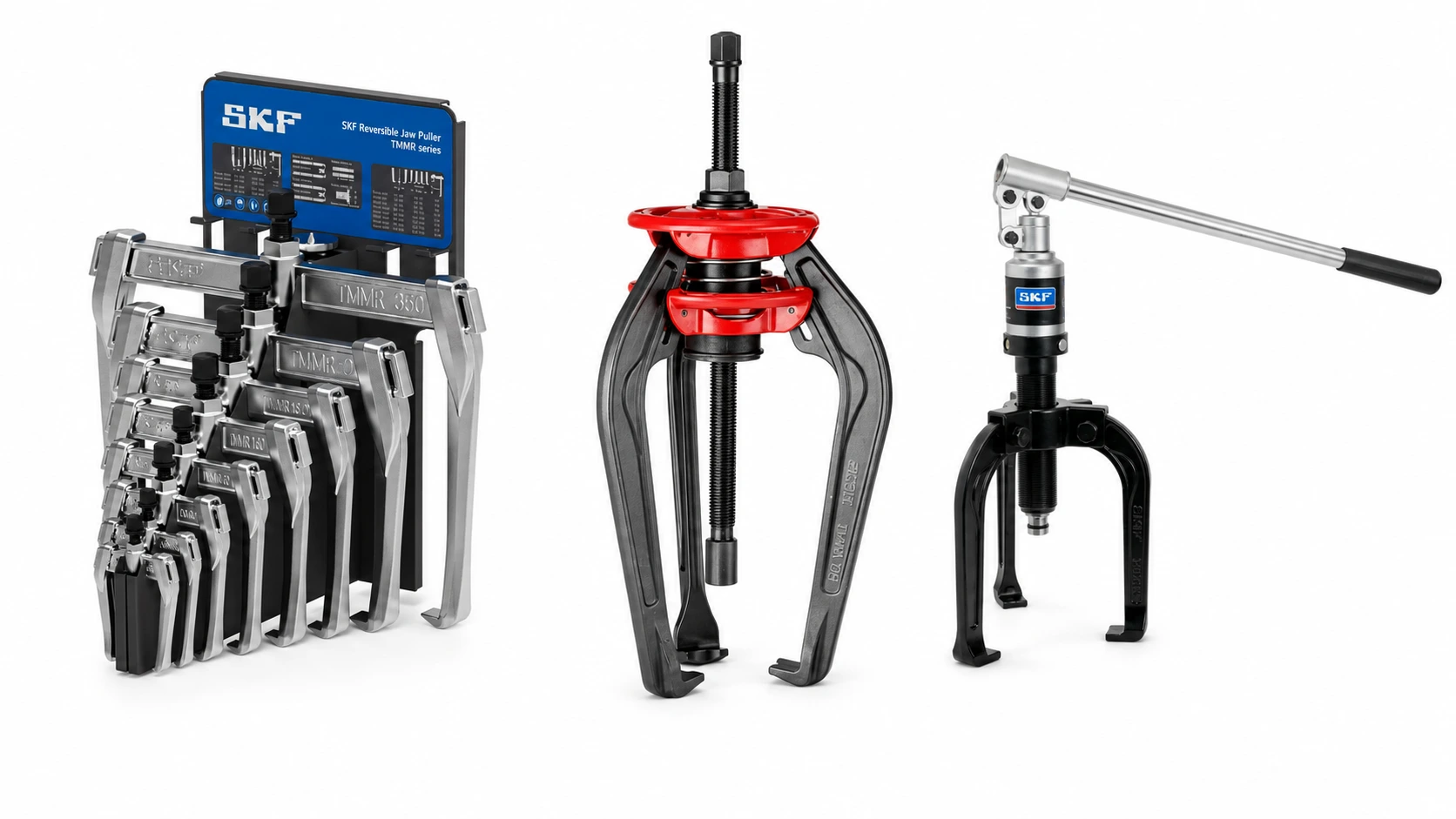 Set de extractores SKF: juego de mordazas reversibles, extractor de dos garras y extractor hidráulico