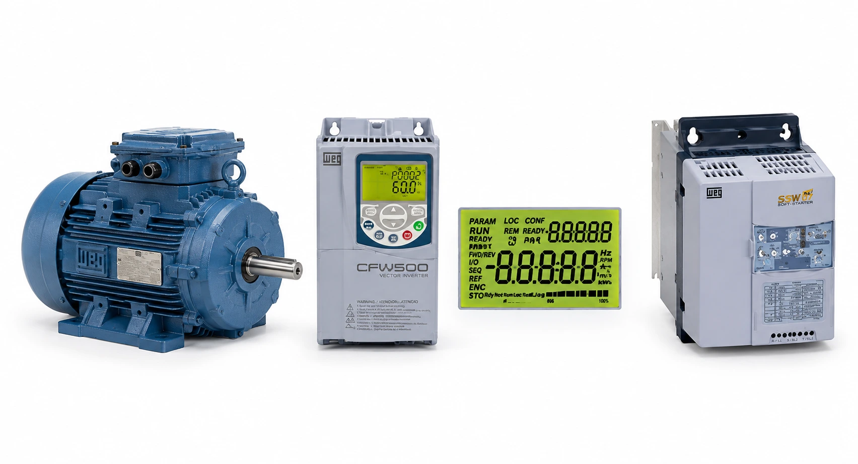 Motor eléctrico trifásico WEG, variador CFW500, display de parámetros y arrancador suave SSW