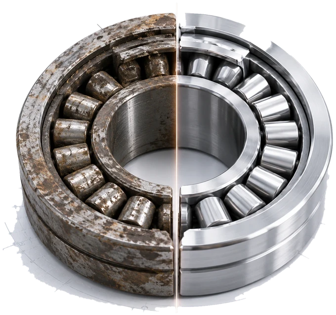 Rodamiento de rodillos a rótula antes y después de la remanufacturación bajo estándares SKF