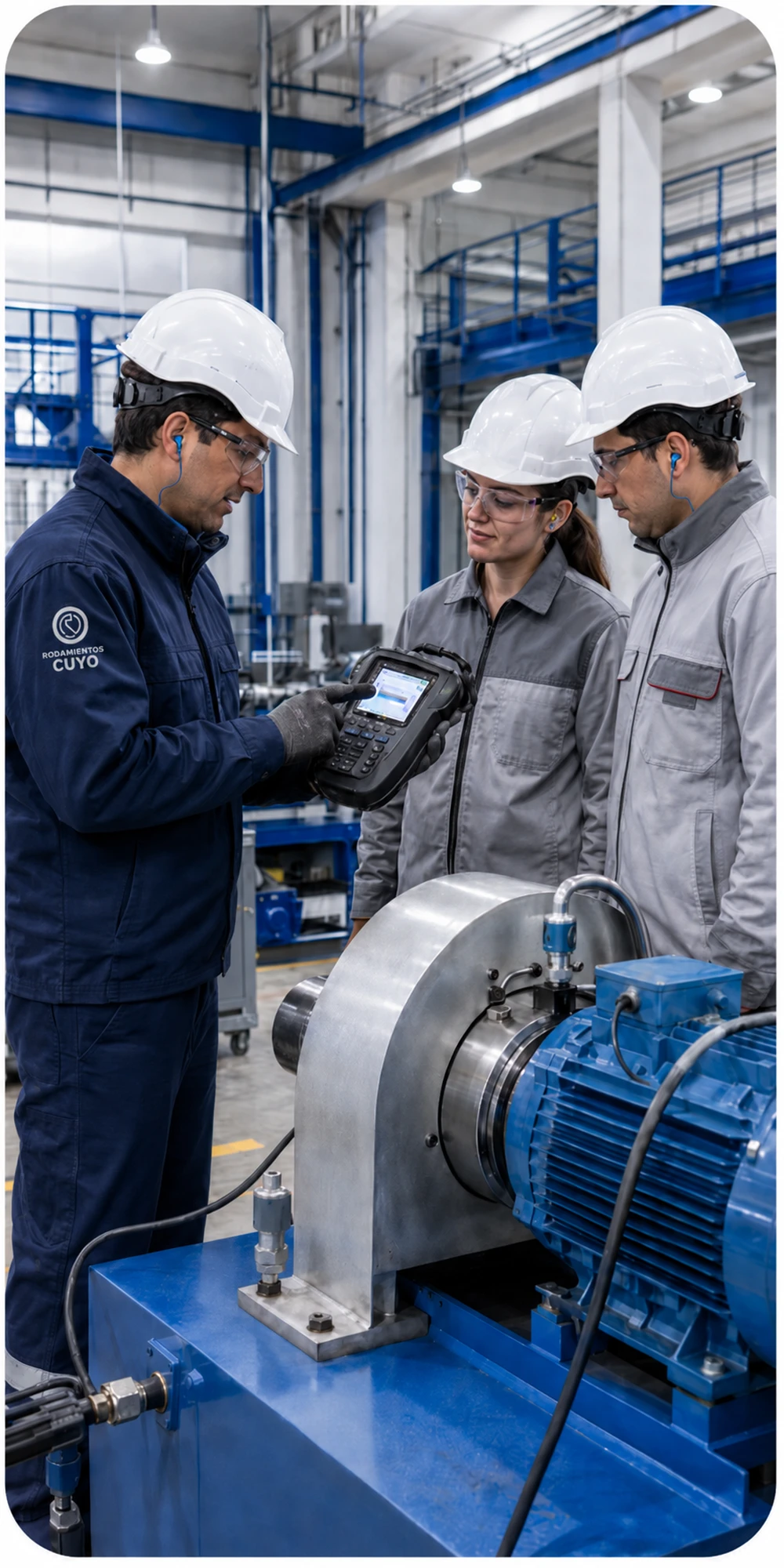 Capacitación técnica en planta: instructor de Rodamientos Cuyo mostrando el analizador de vibraciones a dos técnicos