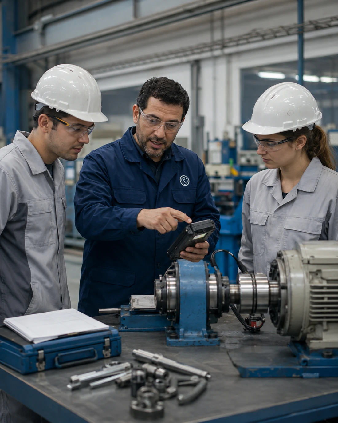 Técnico de Rodamientos Cuyo explicando un diagnóstico con analizador de vibraciones a dos colegas en planta