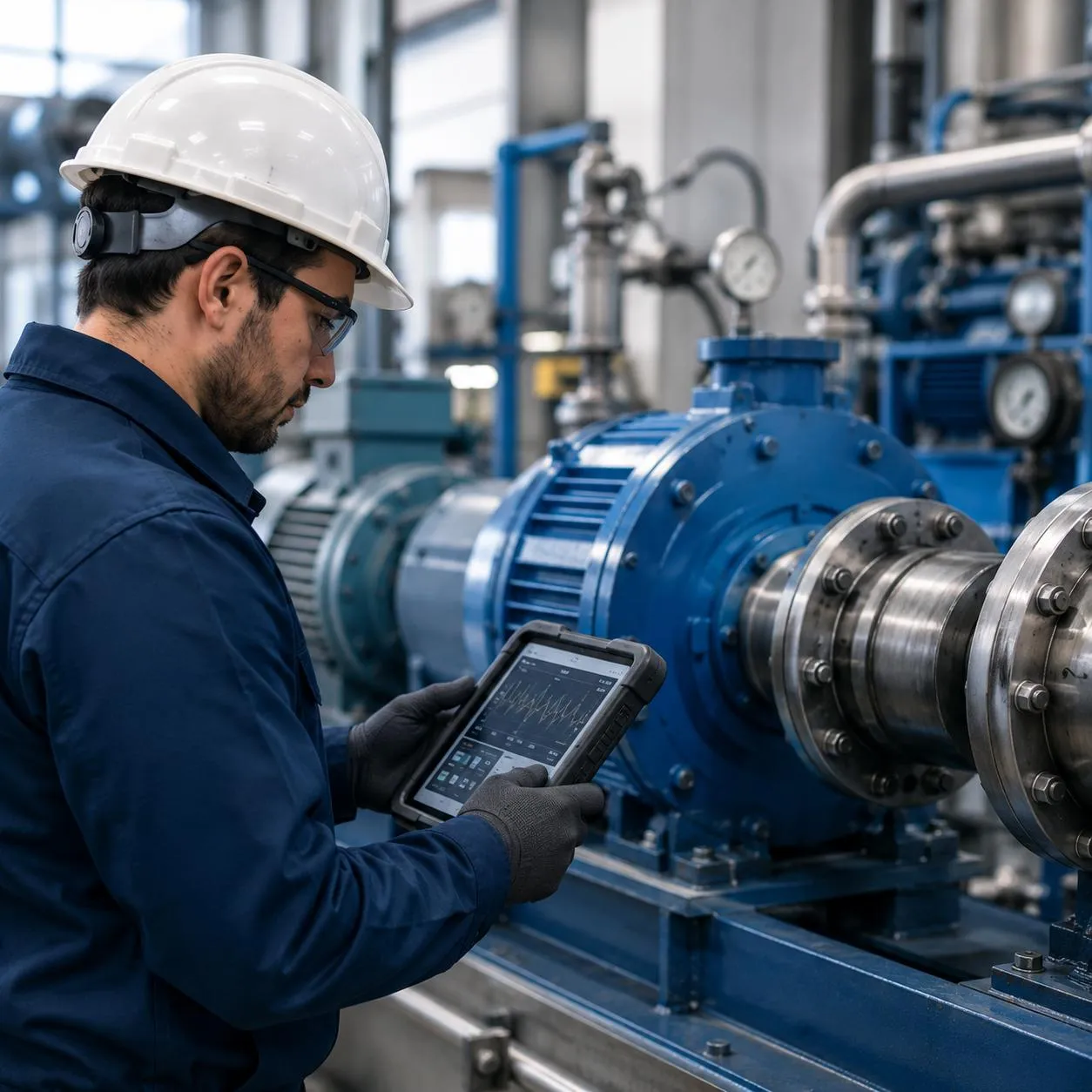 Técnico de Rodamientos Cuyo con tablet de monitoreo, junto a un motor industrial